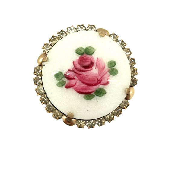 Vintage Floral Porcelain Rose Brooch With Rhinestone Accents - Picture 9 of 11